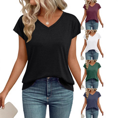 2025 春夏新作クロスボーダーヨーロッパとアメリカの服アマゾン無地 V ネック半袖 T シャツルーズカジュアル外国貿易トップ