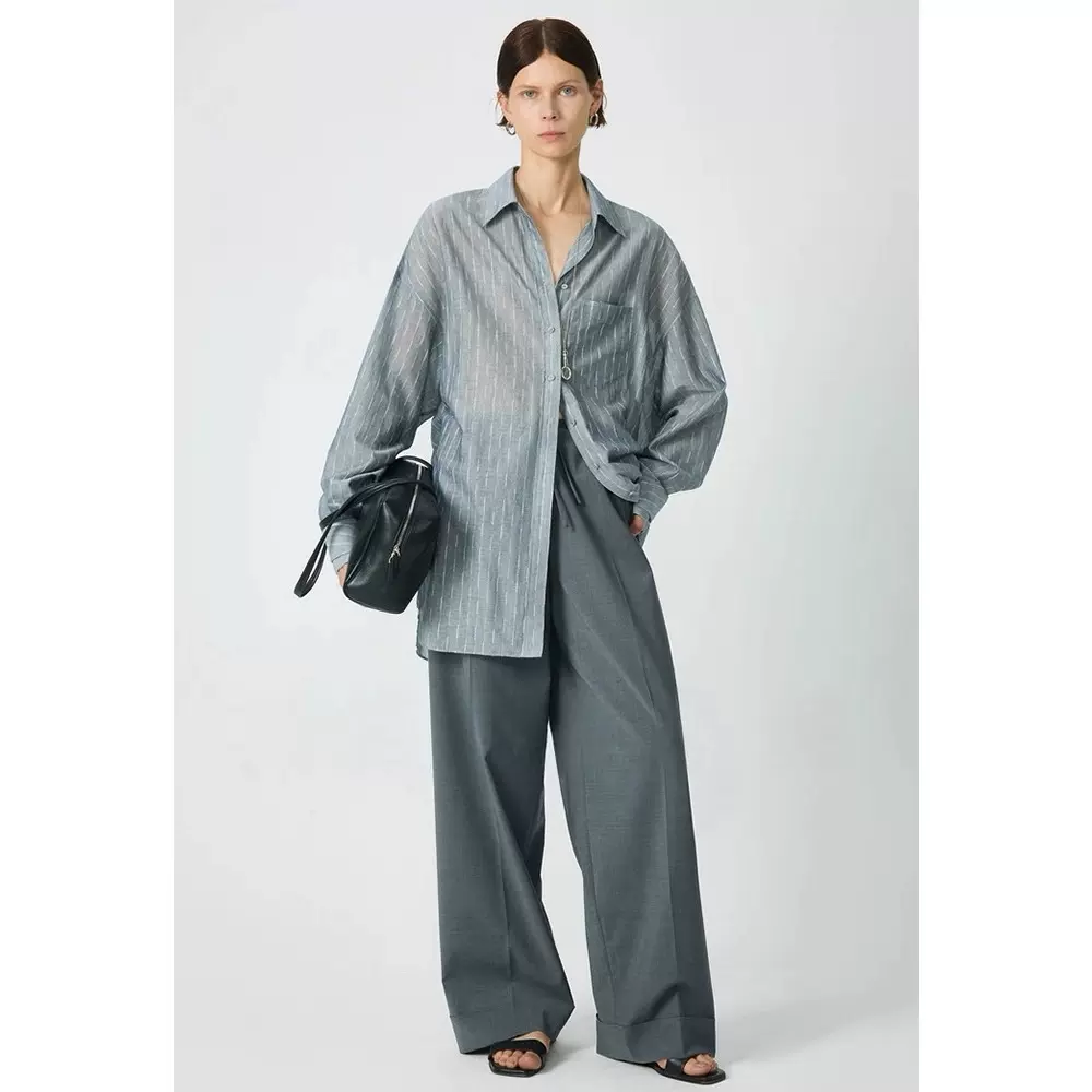 四媛高级感渐色金银丝细腻高支棉条纹衬衫女慵懒宽松落肩上衣7986