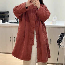 中长款夹棉加厚保暖立领开襟盘扣纯色女小众长袖文艺复古棉衣外套