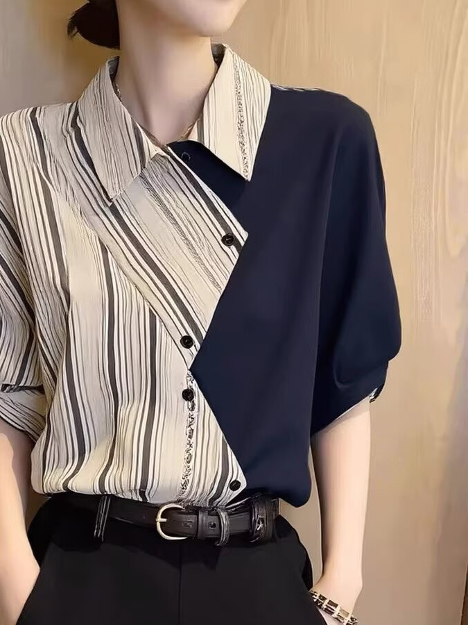 Áo sơ mi nữ tay ngắn cổ lật sọc kẻ thiết kế mới — Sọc