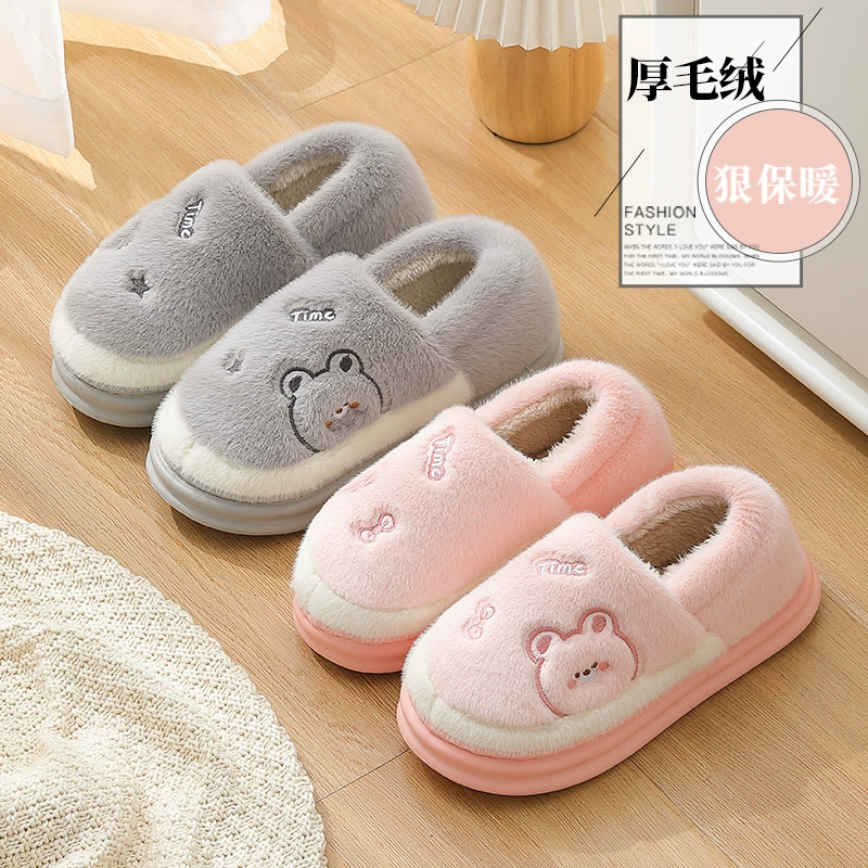 Женские зимние домашние тапочки на каблуке, осенне-зимние тапочки на толстой нескользящей подошве, хлопковые домашние тапочки с мультяшным принтом для мужчин оптом