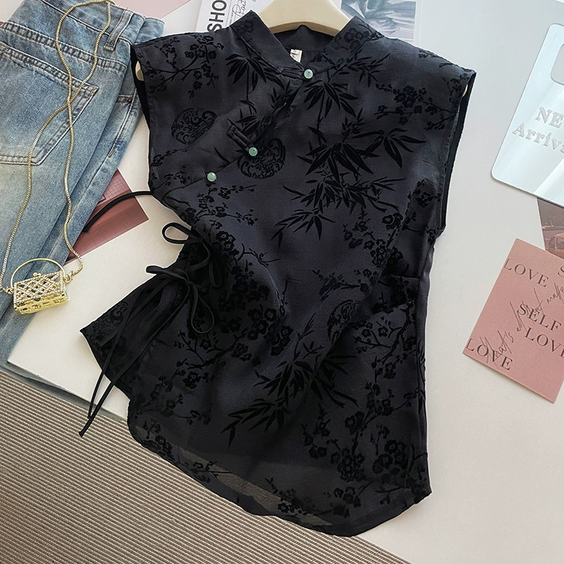 Новая дизайнерская рубашка больших размеров, новый топ Cheongsam в китайском стиле, черный жилет, тонкий топ на правое плечо.