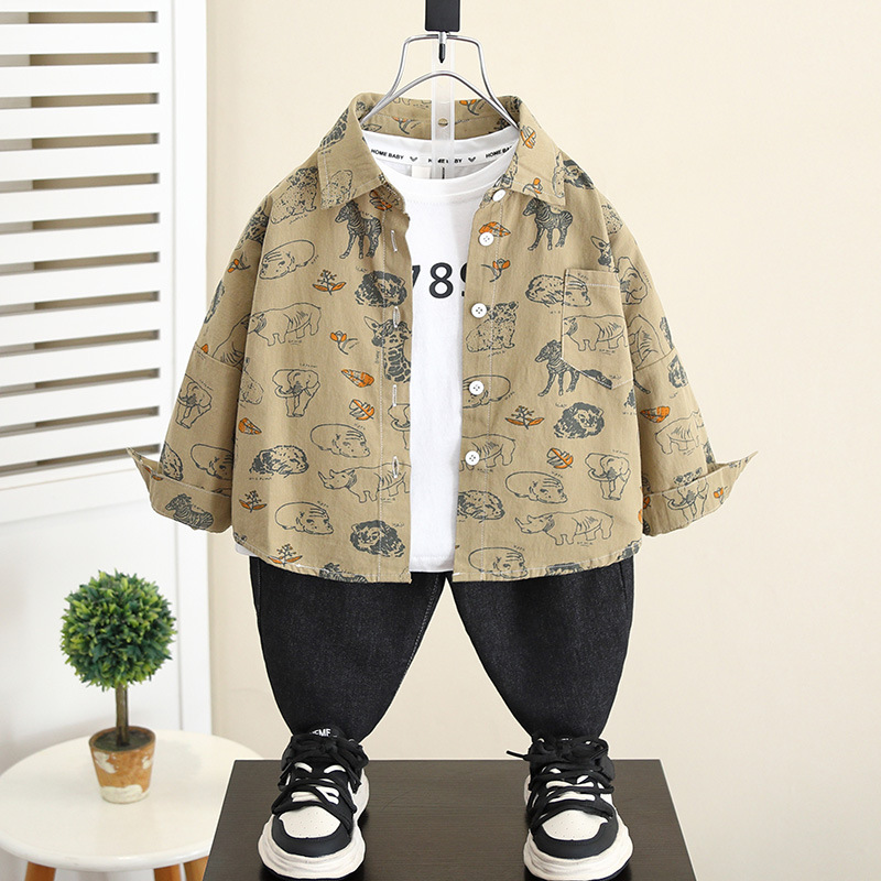 5837 Camisa de dibujos animados para niños Primavera y otoño para niños Camisa coreana de manga larga de estilo occidental 2025 nueva chaqueta para niños