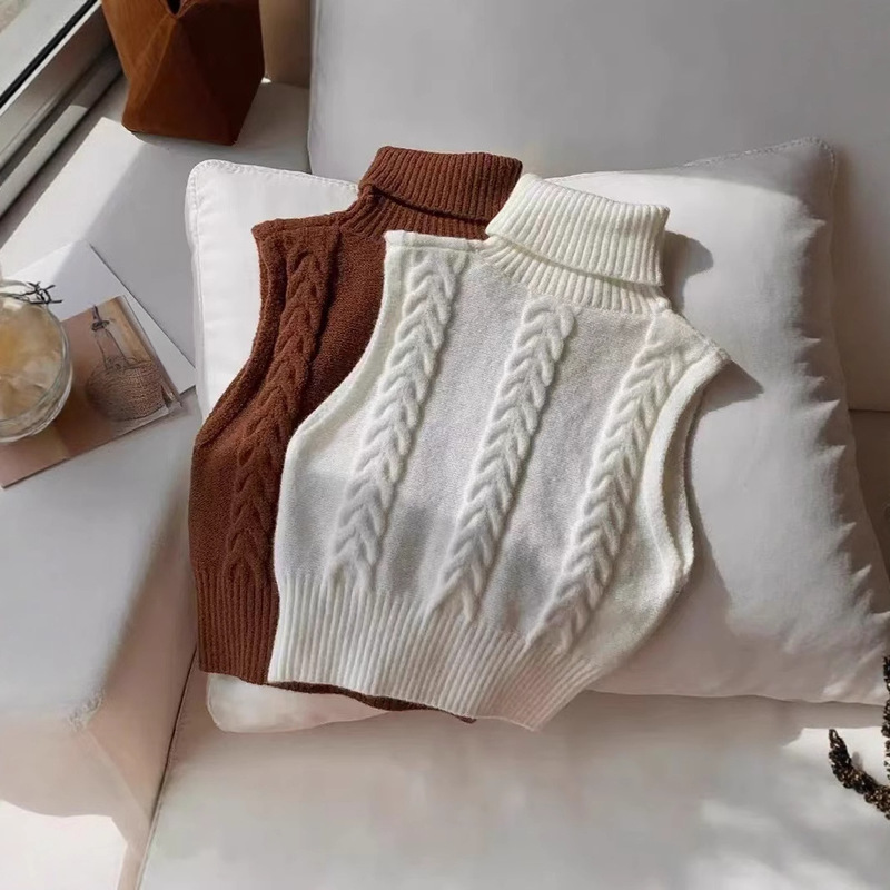 European and American style high-neck cable knit sweater vest for women, new autumn and winter collection, solid color, slimming effect, perfect for layering European and American style high-neck cable knit sweater vest for women, new autumn and winter collection, solid color, slimming effect, perfect for layering