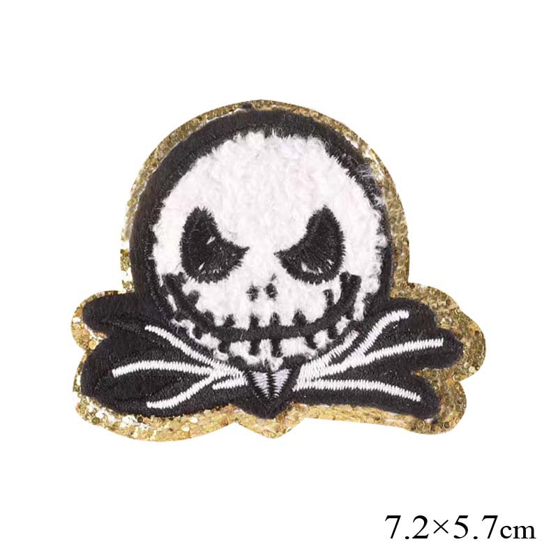 混合绣闪粉布边诡笑骷髅鬼图案布贴 毛巾绣花章 衣裤刺绣装饰辅料