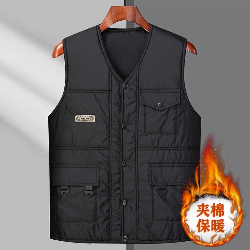 Otoño y invierno hombre casual chaleco de algodón Papa abrigo abrigo abrigo holgado grueso de color sólido sin mangas hombros