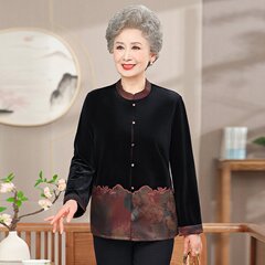 おばあさんの春の服の長袖のシャツの金のベルベットの上着の富貴なおばあさんの春秋日の薄いコートの老年のお母さんの服