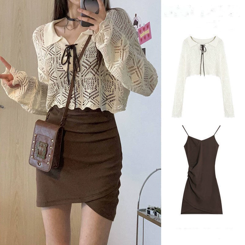 Женский комплект 2025 весна-осень новый стиль чистого желания: платье на бретелях + блузка с длинными рукавами и вырезами для защиты от солнца, два предмета