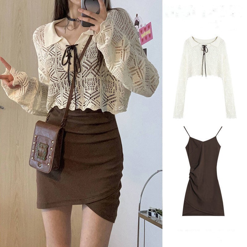 Single/Suit Women's 2025 Spring & Fall New Pure Lust Style Suspender Dress + Cut Out Long-Sleeved Sun Protection Blouse Two-Piece Set