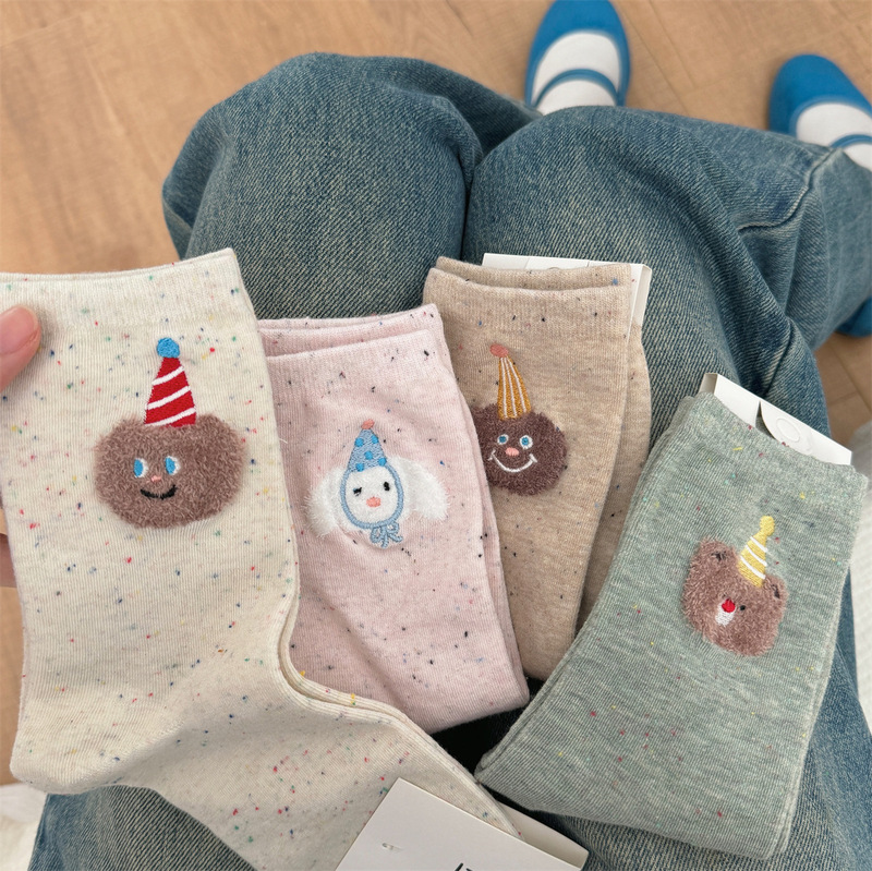 Cartoon Bear Birthday Hat Mid-length Stockings for Children Instagram Fashion Autumn and Winter Japanese Style Cute Point Yarn Animal Pile Stockings