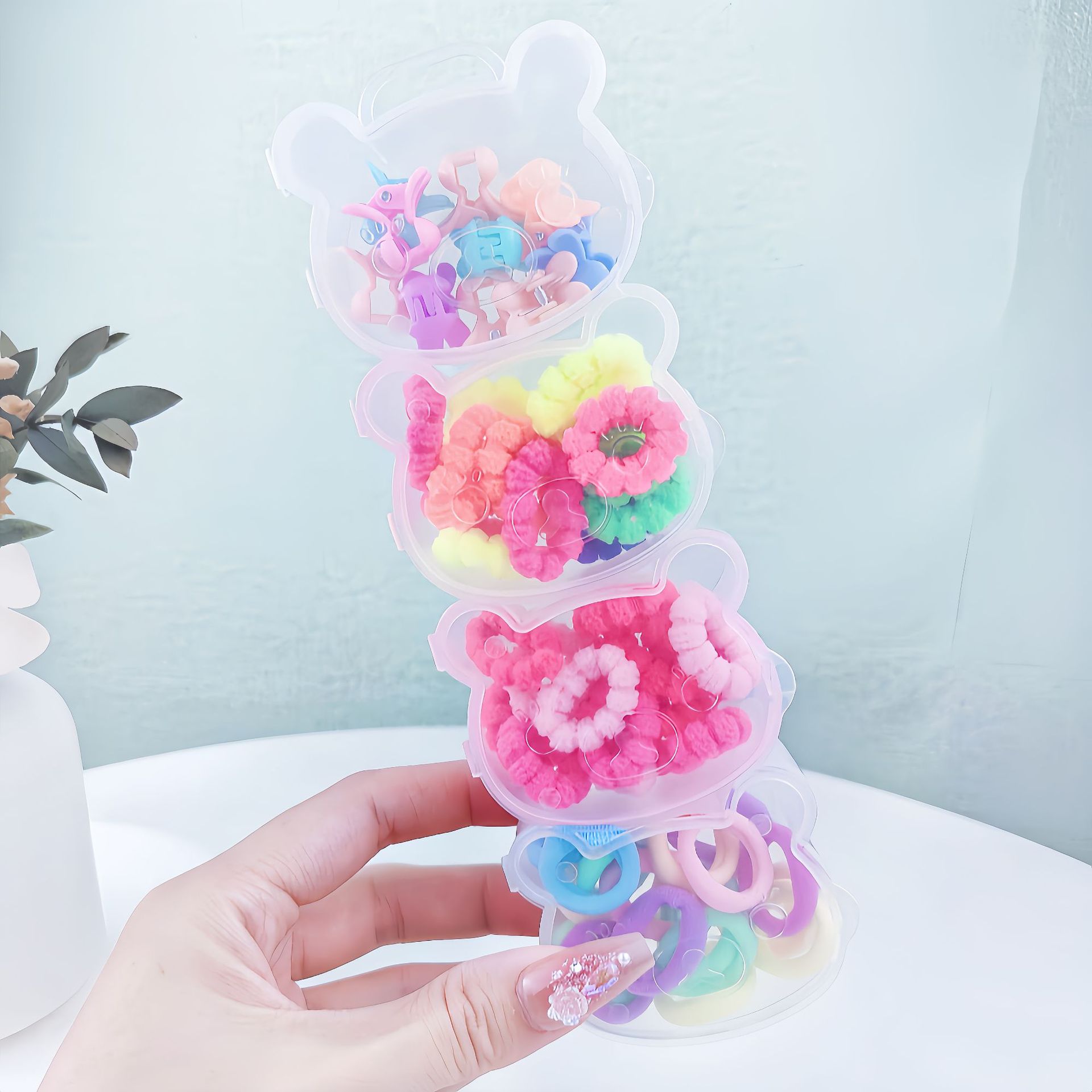Base coreana para el cabello de los niños, toalla de banda de goma, anillo de cabello para niños pequeños, anillo de cabello de caja de color, joyas de cabello de cuerda