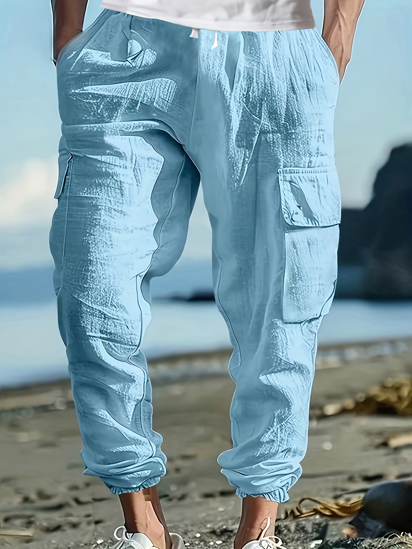 Men's Linen-Cotton Casual Jogger Pants, Relaxed Fit Drawstring Multi-Pocket Trousers For Autumn_viptrois.com