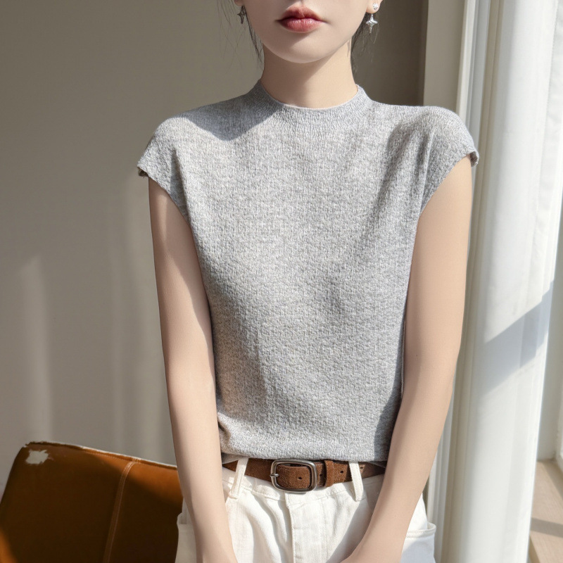 2026 Spring and Summer New Style Silk Wool Half-High Collar Knitted Vest for Women, Solid Color Slim Fit Pullover Top