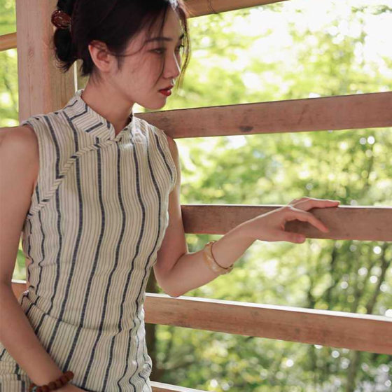 New Chinese Style Improved Cheongsam dress Women's Summer Gentle Cool Retro Striped Slim-fit Slimming Elegant Split Long Dress