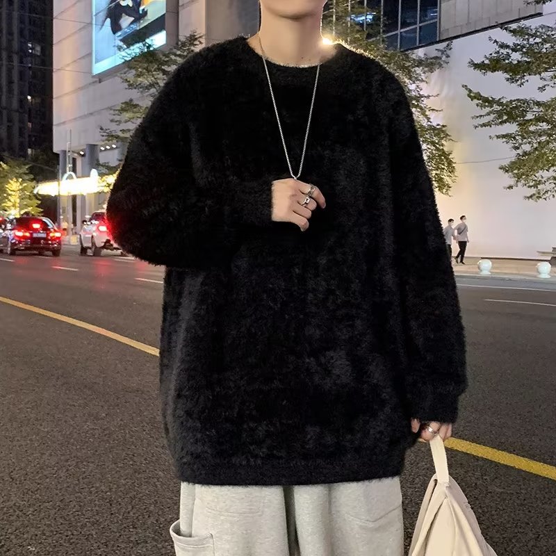 Otoño e Invierno novio estilo engrosado flojo perezoso estilo suéter simple de color sólido cuello redondo suéter blanco estilo coreano de los hombres moda