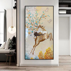 Golden Deer Entranceway Decorative Painting with Diamond Crystal, Modern Minimalist Corridor Passage Luxury High-end Muntjac Hanging Art