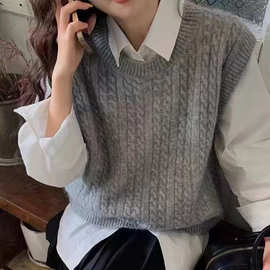 秋冬圆领纯羊毛马甲女套头纯色加厚无袖毛衣坎肩叠穿针织背心外穿
