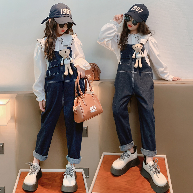 兒童裝襯衫春秋套裝2023新款韓版洋氣卡通背帶褲女童中大童兩件套