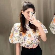 法式女装名媛欧根纱短袖上衣女夏立体刺绣宫廷风减龄泡泡袖短袖衫