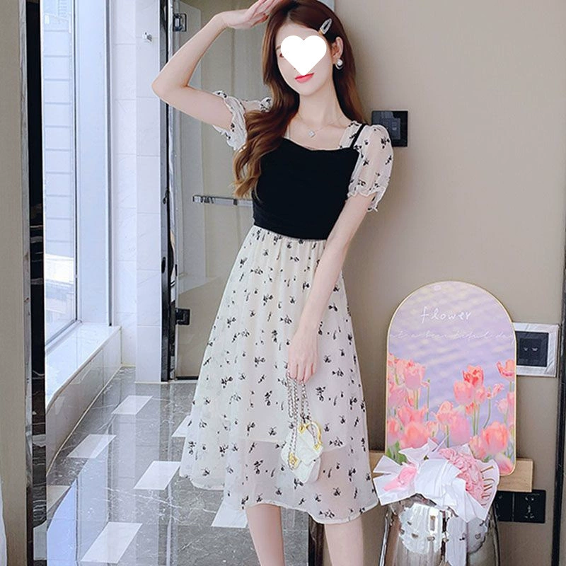 Летнее платье-миди в французском стиле из шифона с цветочным принтом, имитация двух частей, утягивающее талию, для женщин plus-size, 2025 года.