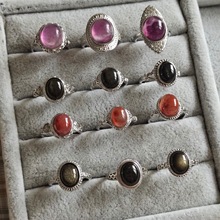 八天然海蓝宝原石戒指女复古花琥珀调节情侣活口圈环水晶玛瑙宫廷