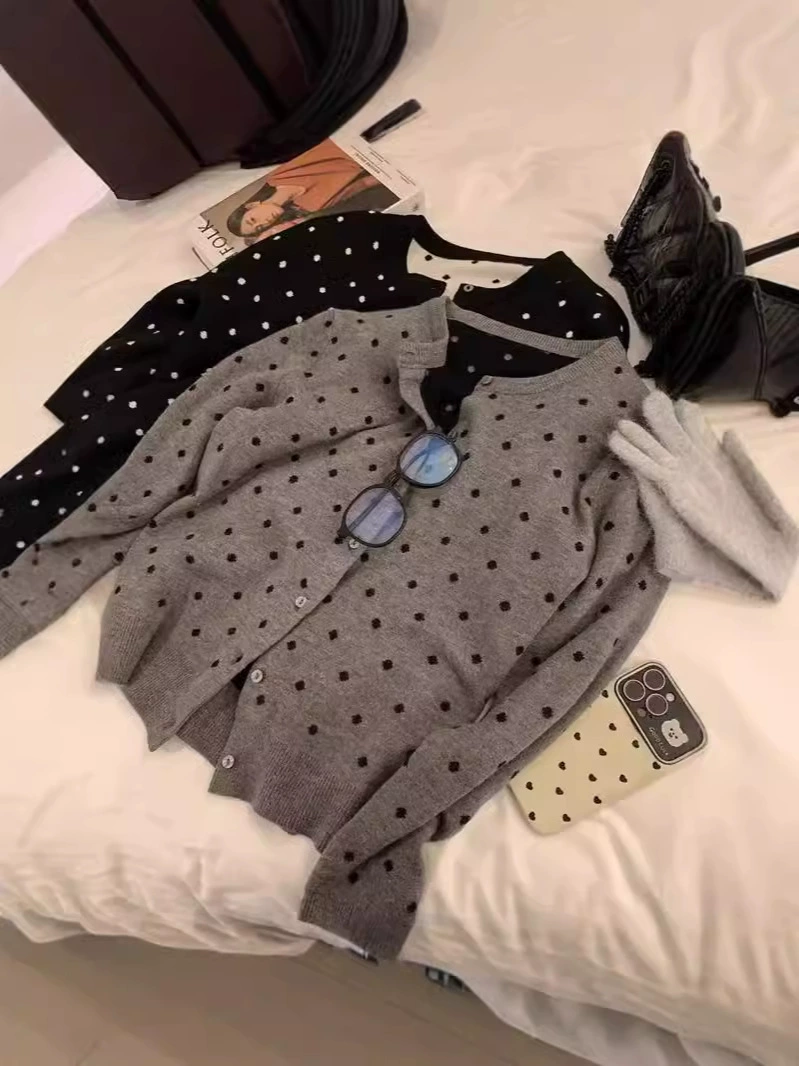 Кардиган демисезон oversized, западный стиль, один размер, вязаный в горошек