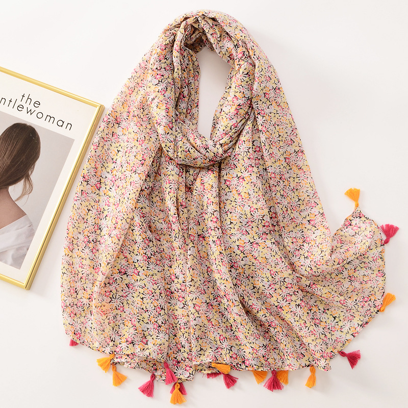2022 estilo coreano Venta caliente elegante dulce floral impreso algodón y lino sensación bufanda de seda artística mantón viaje foto Decoración