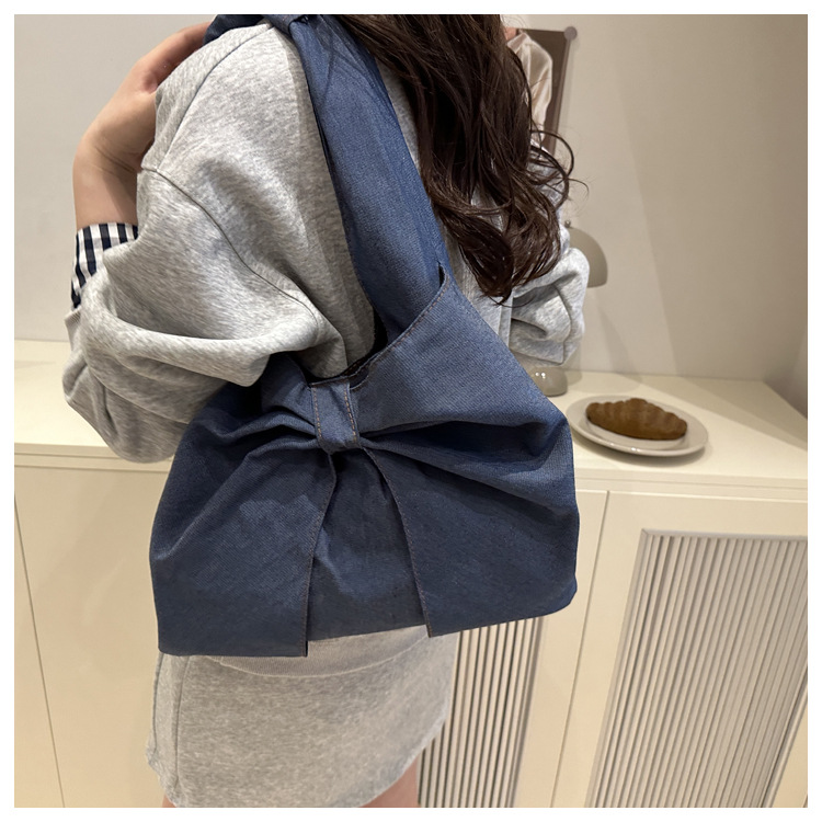 Single Shoulder Strap Strap Type Women's Large Denim Bow Knot Streetwear Sewing Thread Square Open Tote Bag