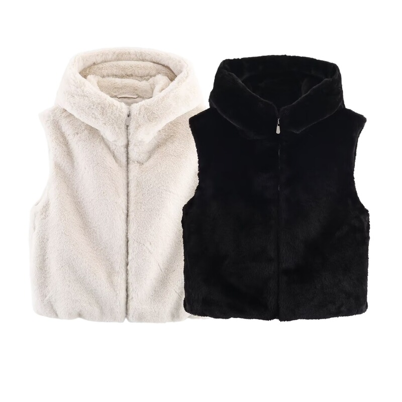 Cross-Border Wholesale Women's New Artificial Fur Effect Short Hooded Vest 6318800 Cross-Border Wholesale Women's New Artificial Fur Effect Short Hooded Vest 6318800