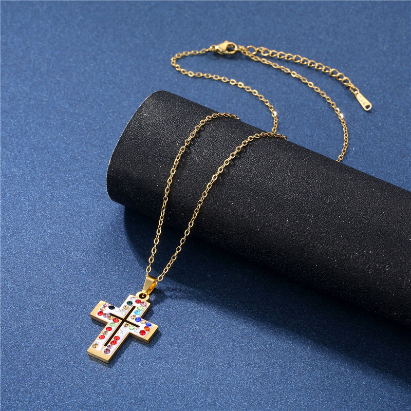 Glam Cross Stainless Steel Necklace Polishing Rhinestone Stainless Steel Necklaces_colorza_5