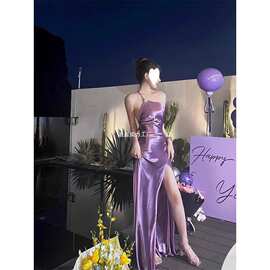 年会订婚轻礼服高端轻奢小众生日party小礼裙露背紫色吊带连衣裙