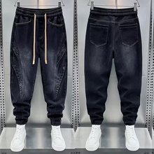 跨境男士牛仔裤2025秋季新款黑灰色个性束脚裤宽松拼接小脚牛仔裤