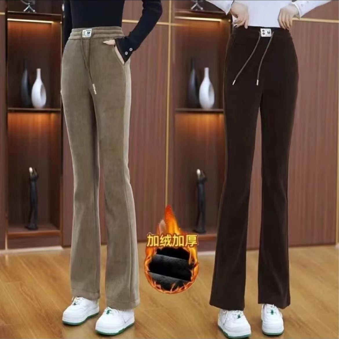 厚い北極の毛の小さいラッパのズボンの2025秋冬の新型のハイウエストのベルベットの保温のカジュアルな女性のズボン