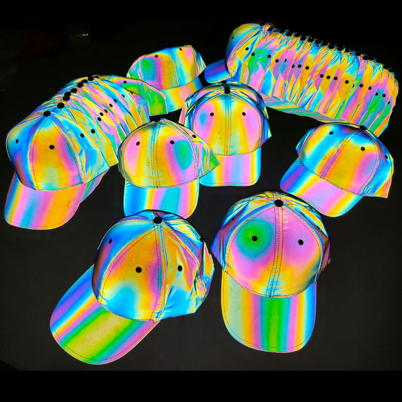 欧美跨境七彩炫彩反光棒球帽嘻哈夜光彩虹反光鸭舌帽子男女遮阳帽
