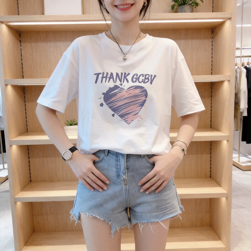 Korean-Style Ins-Style Graffiti Heart Letter T-Shirt, Summer Casual Loose Versatile Slimming Pure Cotton Short-Sleeve Base Shirt