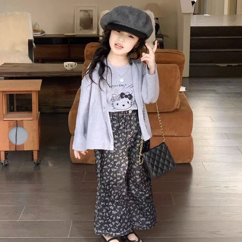 女童套装2025春秋新款儿童韩系碎花牛仔裤洋气背心针织开衫三件套|undefined