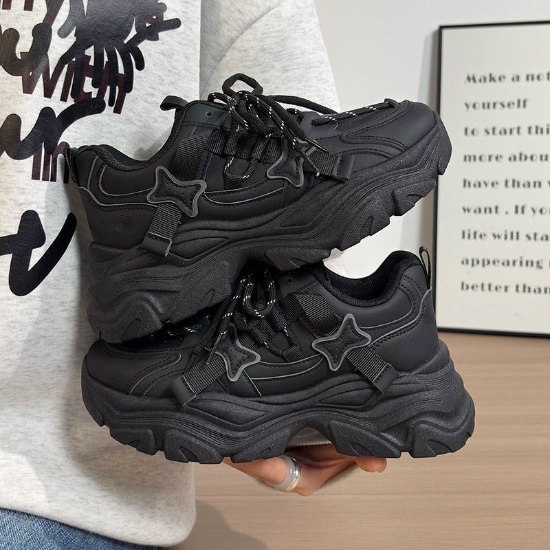 Black Women's Sneakers Autumn New Comfortable Versatile Trendy Shoes Soft Sole Height-Increasing Thick-Soled Dad Shoes Women's Shoes