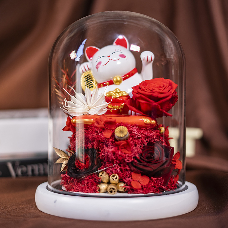 云南永生花招财猫玻璃罩 创意礼物摆件 生日结婚礼物 永生花成品