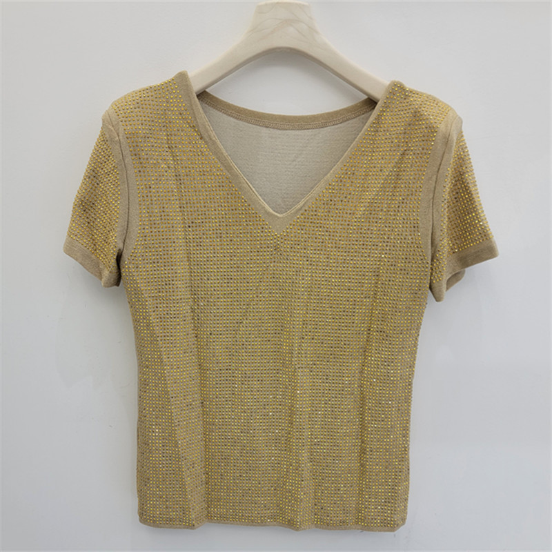 V-collar caliente taladro camiseta de manga corta para mujeres 2026 verano nuevo temperamento elegante delgado brillante chaqueta