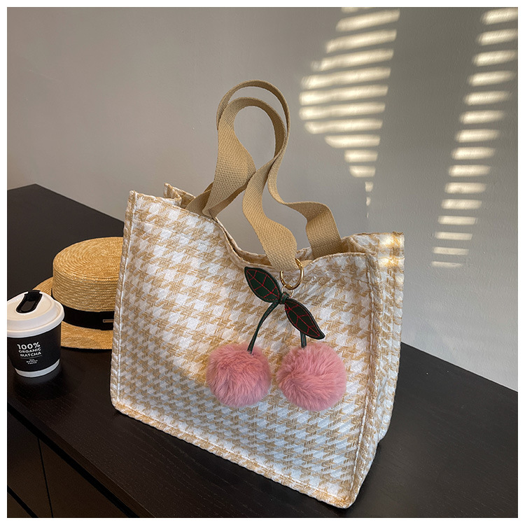 Women's Gender Vintage Style Style Square Shape Large Size Women's Large Canvas Houndstooth Vintage Style Square Open Shoulder Bag Tote Bag