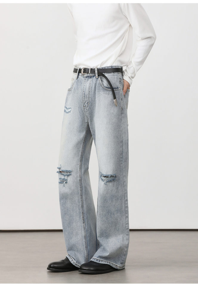 Quần jean nam ống loe nhẹ rách gối phong cách retro, dáng rộng ống suông tôn dáng, quần dài casual — Xanh nhạt, Xanh đậm chi tiết 28