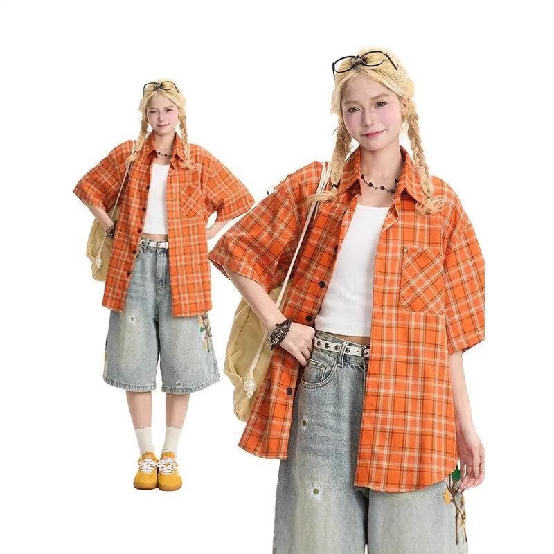 American Retro Orange Plaid Shirt Short-Sleeved Women's Summer Thin Loose Dopamine Cardigan Plaid Shirt Jacket