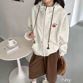 021 冬季新款韩系南瓜刺绣连帽开衫卫衣女插肩袖纯色休闲拉链外套