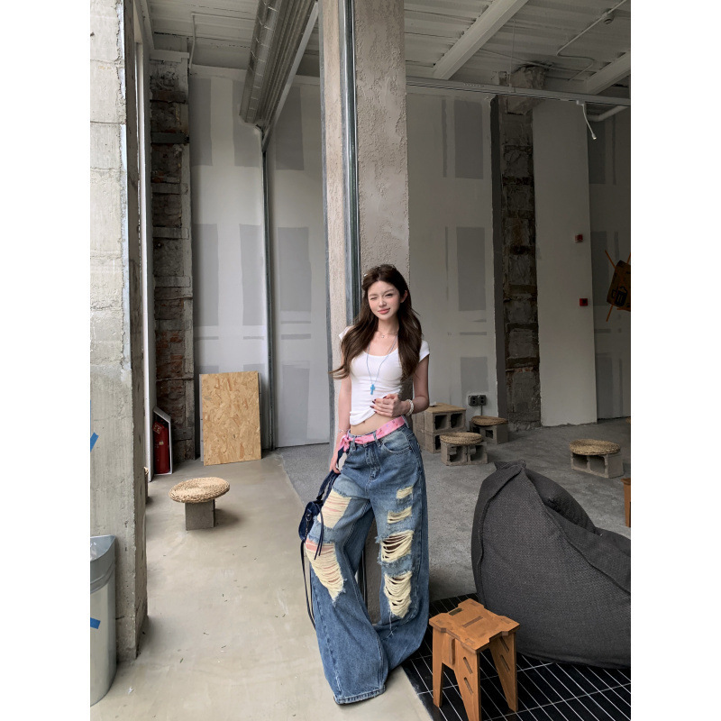 Irregular Ripped Loose Jeans for Women, American Style Low-Waist Straight Casual Pants, Trendy Two-Piece Set for Summer