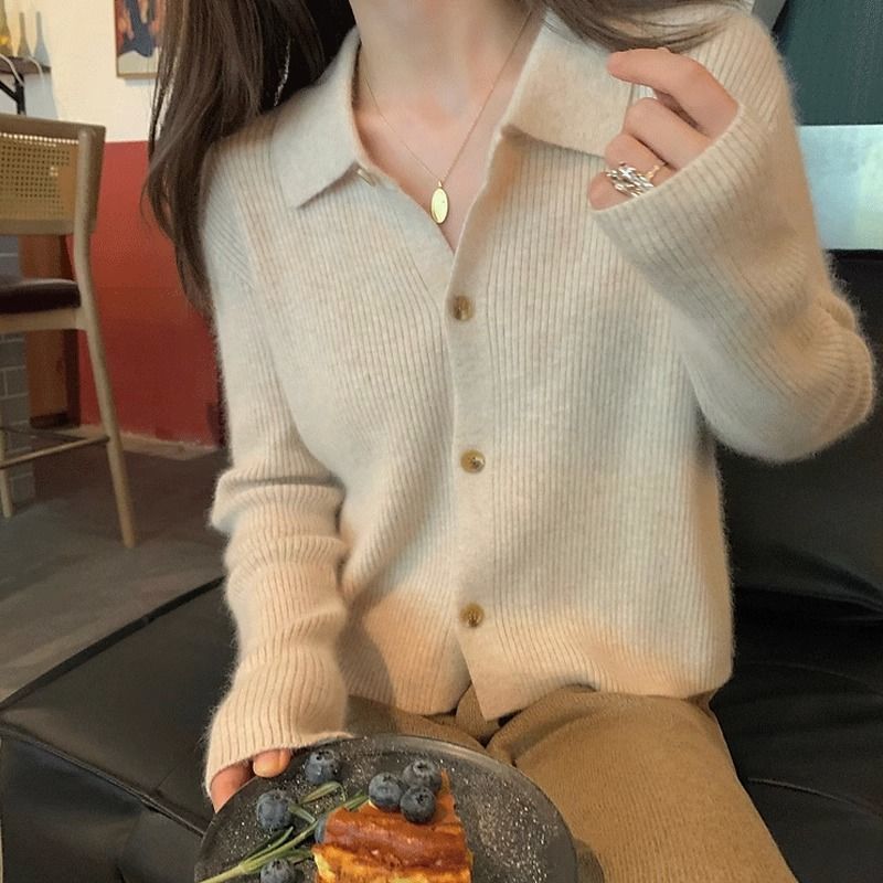 港味复古polo领针织衫女早秋温柔风慵懒宽松毛衣开衫翻领短款上衣|undefined