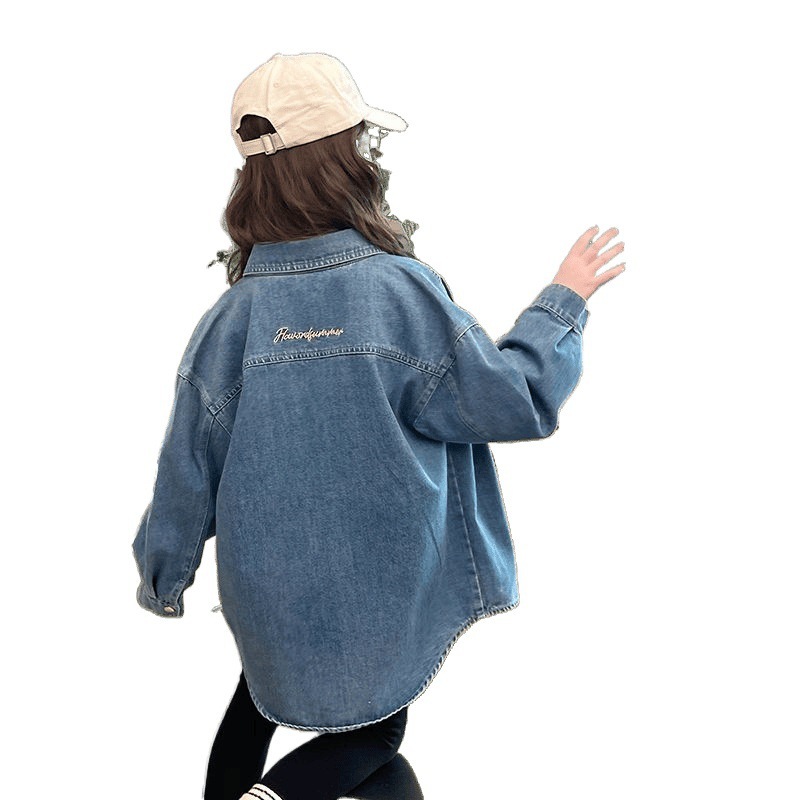 女の子デニムシャツ、韓国風女の子シャツ、子供ジャケット、カーディガン、大きい子供服、2025春秋の新スタイル|undefined