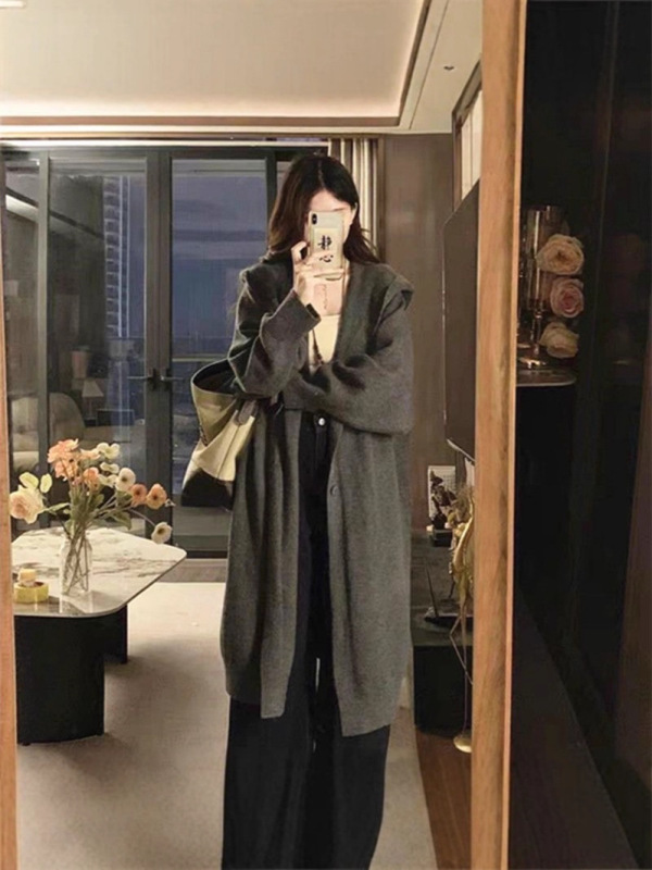 大码美拉德穿搭中长款毛衣开衫外套秋冬慵懒风连帽针织衫上衣|undefined