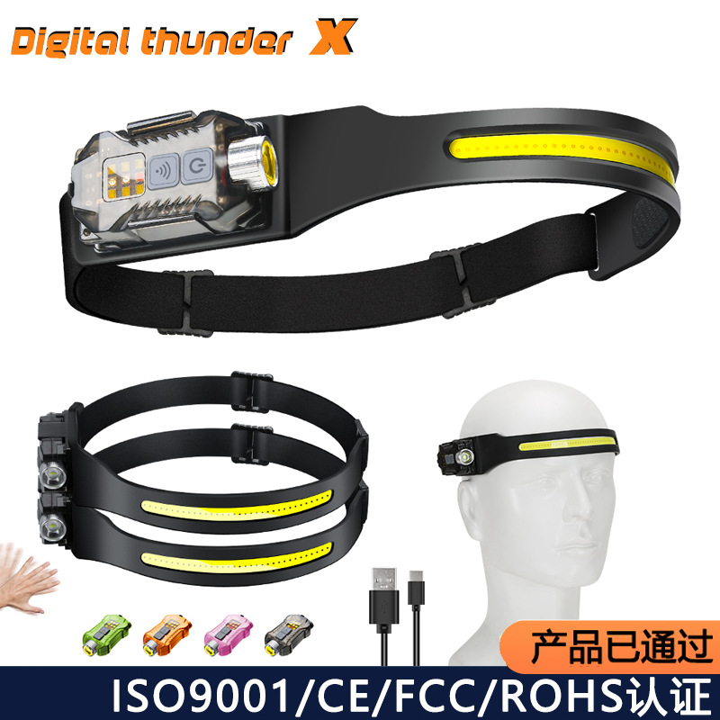 Transfronterizos al aire libre agitando inducción COB faro linterna 2 en 1 correr por la noche pescar luz alta luz luz alta cabeza