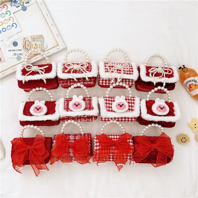 Año nuevo rojo Chanel estilo de los niños perla bolso del bebé lindo arco cadena niñas monedero
