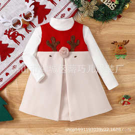 亚马逊2024外贸女童圣诞裙套装卡通小鹿无袖马甲裙+上衣两件套